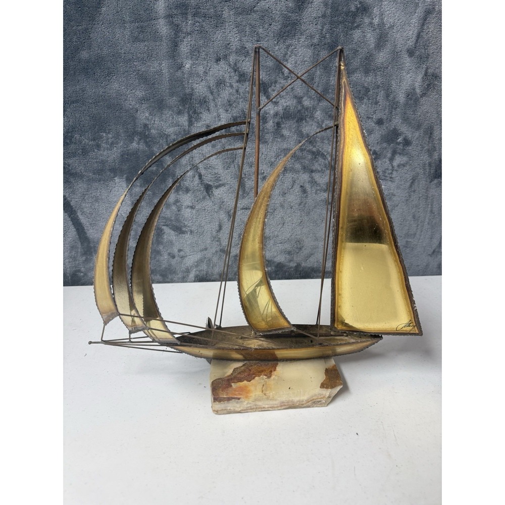 Vintage Mario Jason Brass Sailboat Sculpture Onyx Base MCM Brutalist Signed Tag